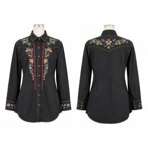 Fashion On The Run Embroidered Floral Western Shirt Womens S/M Black Boho